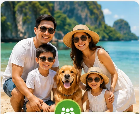 Family with two children and a dog on a Philippine beach